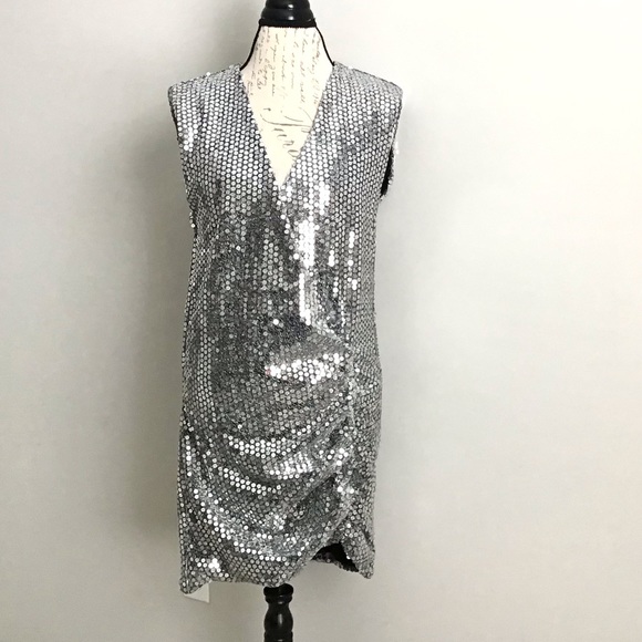 ZARA Draped Silver Sequin Dress - Picture 2 of 16